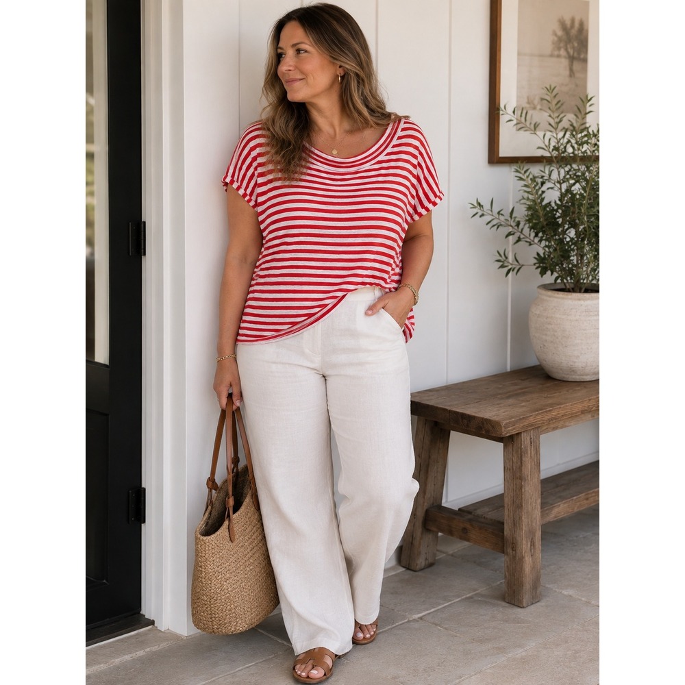 Poetry 100% Linen Stretch Knit Top Women's Size 12 Stripe Boxy